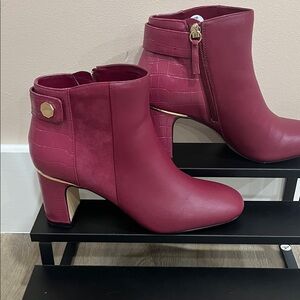 Chic Dark Sangria color Ankle Boots with Gold Accents